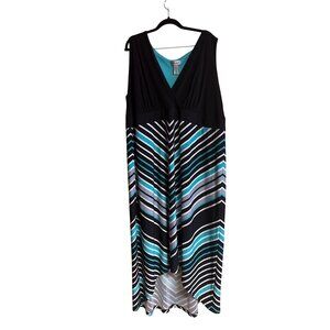 Catherines 3X Maxi Dress Black & Teal Chevron Patterned Sleeveless Flowy Hi-Low